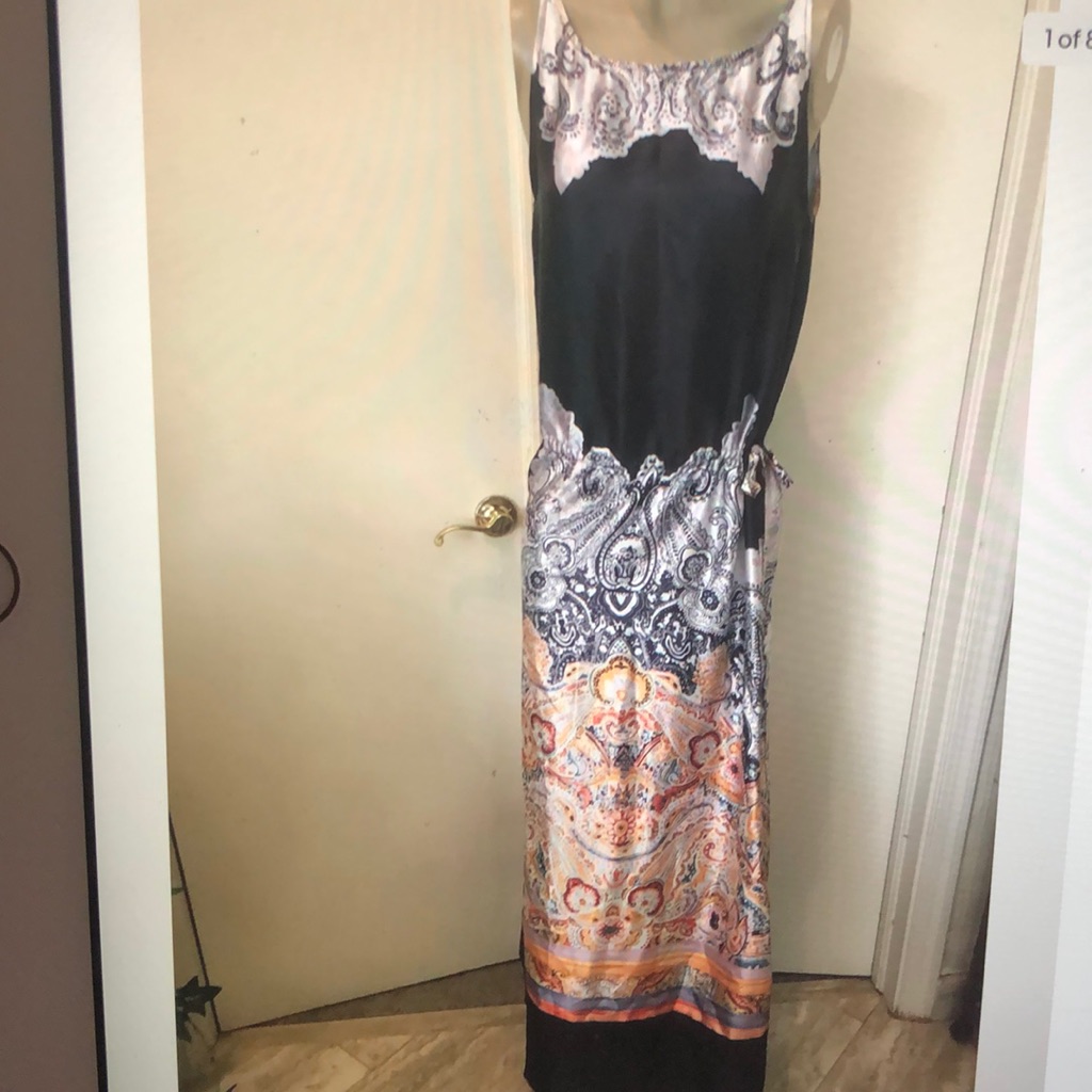 Calypso Saint Barth Long Dress Black White Orange Paisley Drawstring Waist Small